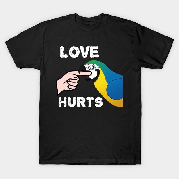 Love Hurts Blue and Gold Macaw Parrot biting T-Shirt by Einstein Parrot